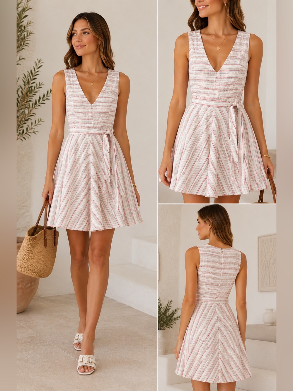 Tommy Hilfiger Pink & White Striped Sleeveless V-Neck Mini Dress
